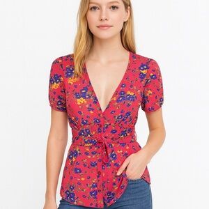 FOREVER 21 Adorable Pink Floral Print Button Up Sheer Blouse w/ Tie Back Size S